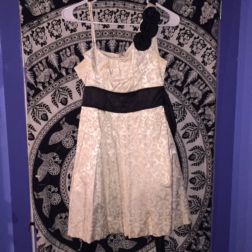 One Shoulder Cream and Black Dress